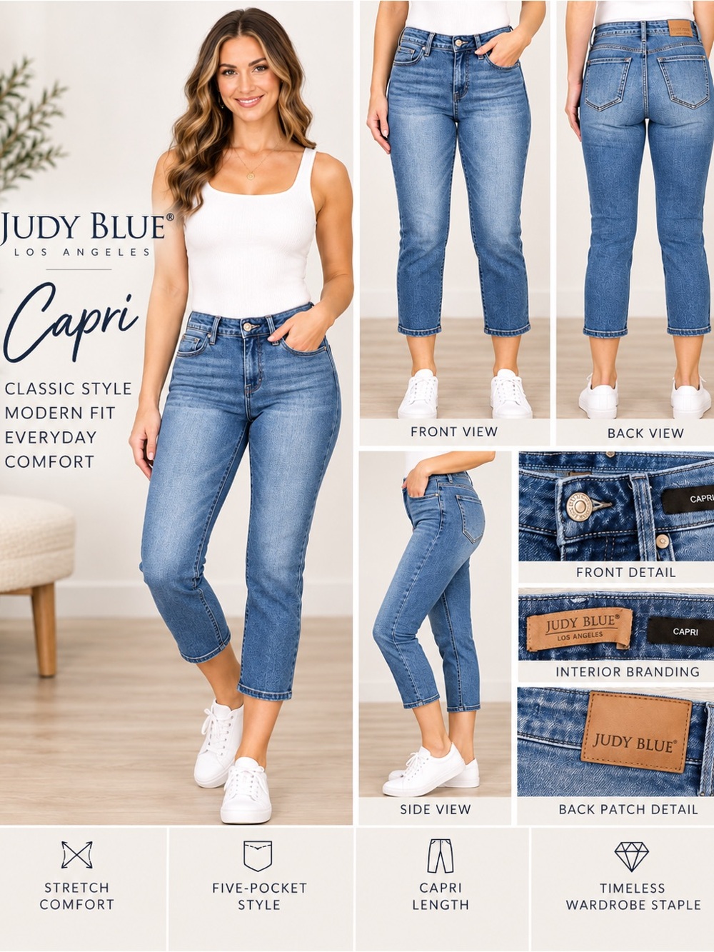 Judy Blue Women's Mid-Rise Cropped Capri Jeans in Medium Blue Wash